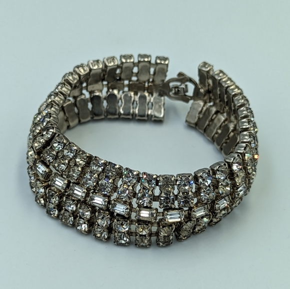 Sparkling Vintage Five Rows Clear Rhinestones Silver Tone Tennis Bracelet - Picture 7 of 15